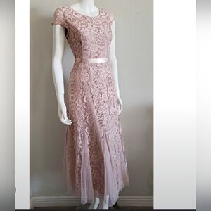 Candalite Elegant Long Dress Dusty Rose Lace With Ribbon Belt Size L